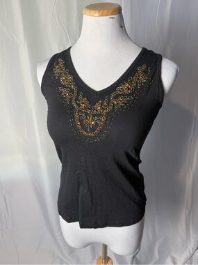 623-Black V-Neck Embellished Tank Top with Gold Accents